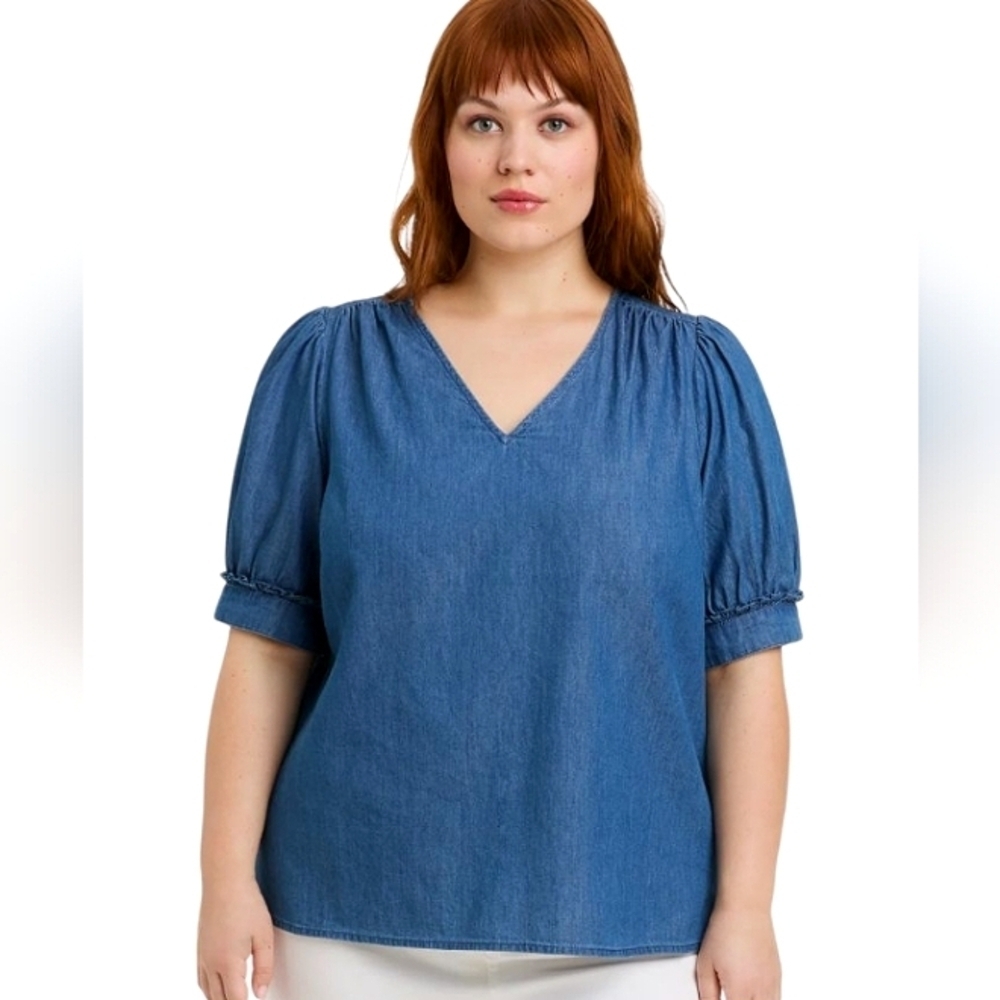 Draper James Heidi V Neck Chambray Blouse Cotton Size XL